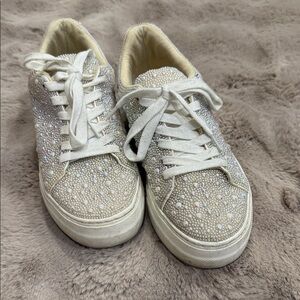Betsey Johnson Crystal-Studded Cream Sneakers